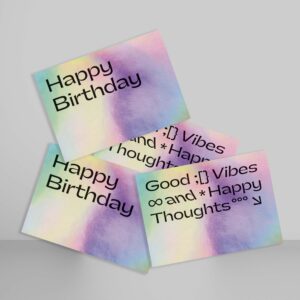 Vier Postkarten mit holografischer Folie und schwarzen Texten, Happy Birthday, Good Vibes
