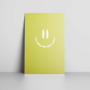 Neon green post card with gold application saying happy