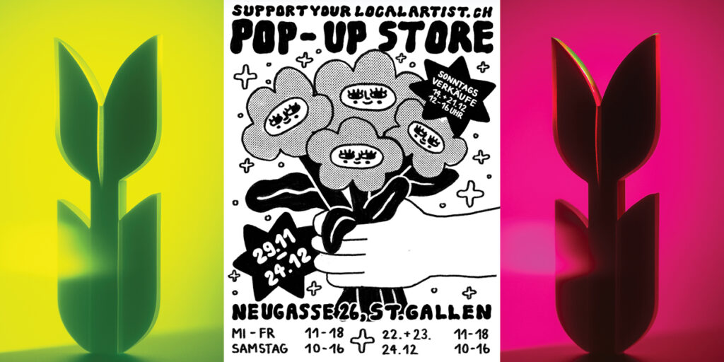 newsletter-anne-lattich2 tulips in yellow and pink with pop-up store ad